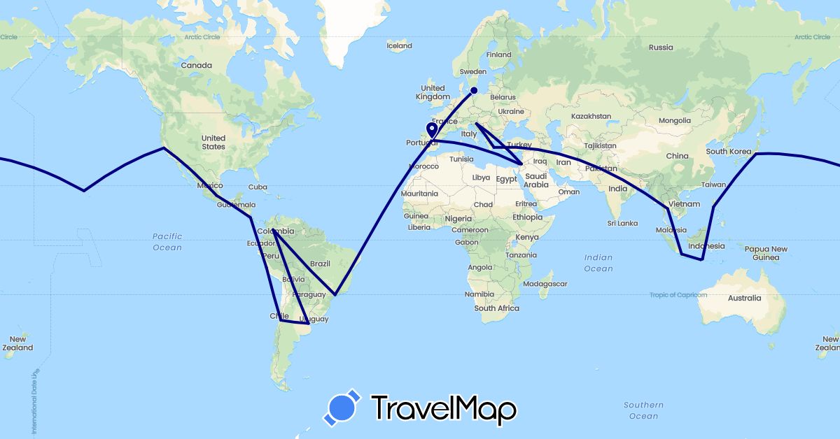 TravelMap itinerary: driving in Argentina, Brazil, Chile, Colombia, Costa Rica, Denmark, Spain, Greece, Croatia, Indonesia, Israel, Jordan, Japan, Mexico, Peru, Philippines, Thailand, United States (Asia, Europe, North America, South America)